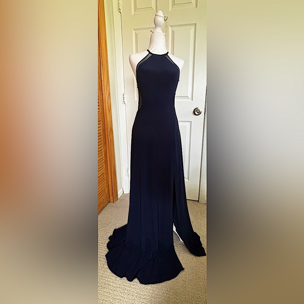 Night Way Collections Deep Blue Formal Gown with Mesh Bodice Detail and Slit - Picture 2 of 8